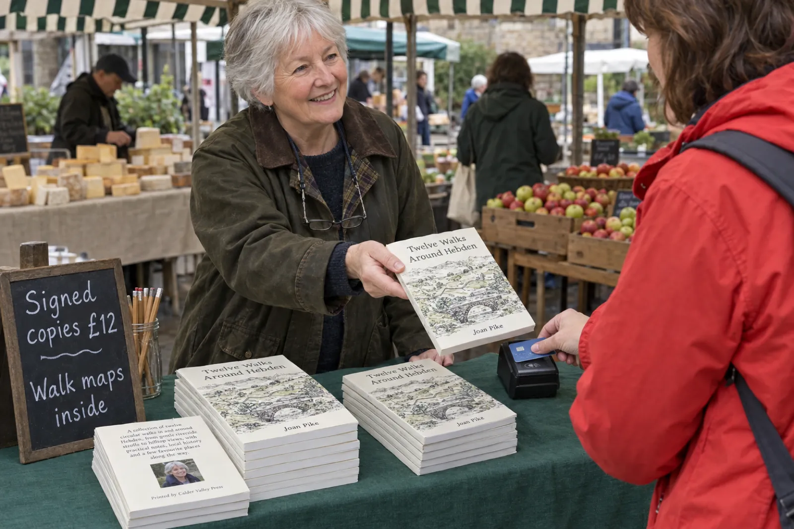 At a Saturday farmers' market stall, a retired author hands a signed copy of her walking guide Twelve Walks Around Hebden by Joan Pike to a customer tapping a card reader; a copy lies face down showing a back cover with no barcode, and a chalkboard reads Signed copies £12