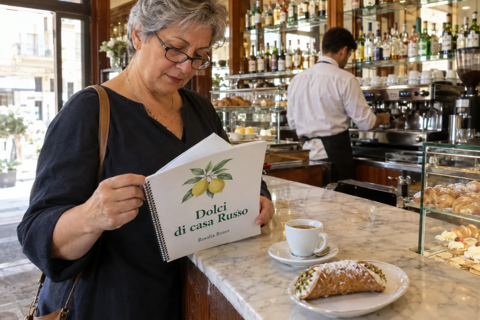 Al bancone di marmo di un bar tradizionale di Palermo, una signora di circa cinquantacinque anni con i capelli grigi corti e gli occhiali sfoglia un libretto A4 rilegato a spirale con la copertina bianca, un ramo di limone disegnato e il titolo Dolci di casa Russo, di Rosalia Russo; accanto un espresso e un cannolo, dietro il barista alla macchina del caffè.