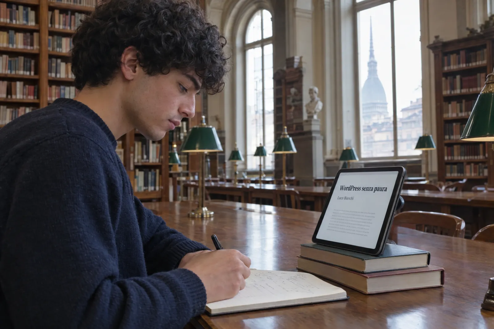 In una sala di lettura storica di Torino, con scaffali di legno e finestre ad arco, uno studente di circa ventidue anni con i capelli ricci e un maglione blu legge su un tablet appoggiato a una pila di libri l'ebook WordPress senza paura, di Luca Bianchi, e prende appunti a mano su un quaderno.