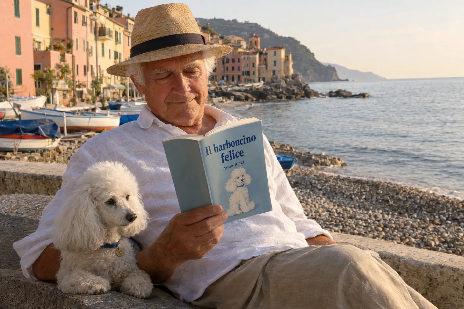 Sul lungomare di un piccolo paese ligure, nel tardo pomeriggio, un signore di circa settant'anni con camicia di lino e cappello di paglia è seduto su una panchina di pietra accanto a un barboncino bianco e legge un libro con la copertina azzurra, il disegno di un barboncino e il titolo Il barboncino felice, di Anna Ricci; dietro, case color pastello, barche in secca sulla spiaggia e il mare calmo.