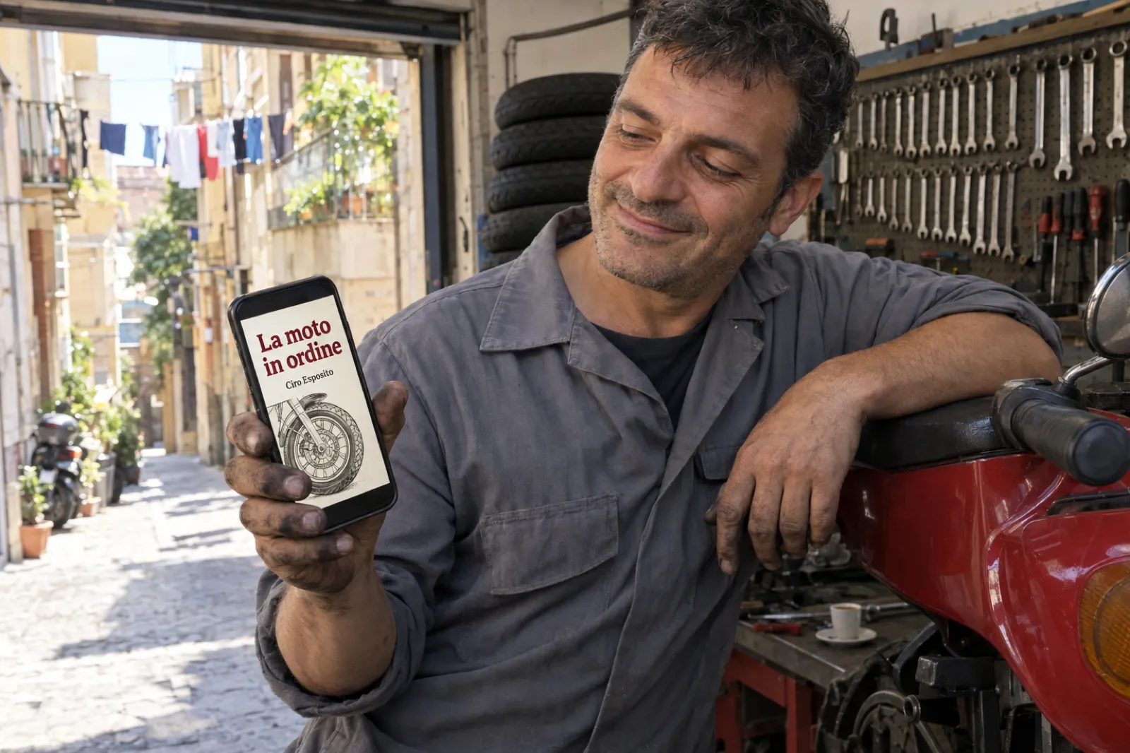 Un'officina di moto in un vicolo di Napoli: un meccanico di circa quarantacinque anni, camicia da lavoro grigia, è appoggiato a una moto rossa e guarda il telefono; sullo schermo la copertina color crema di un ebook con il disegno di una ruota, il titolo La moto in ordine e sotto il nome Ciro Esposito. Dietro di lui chiavi appese, gomme impilate e una tazzina di caffè sul banco.