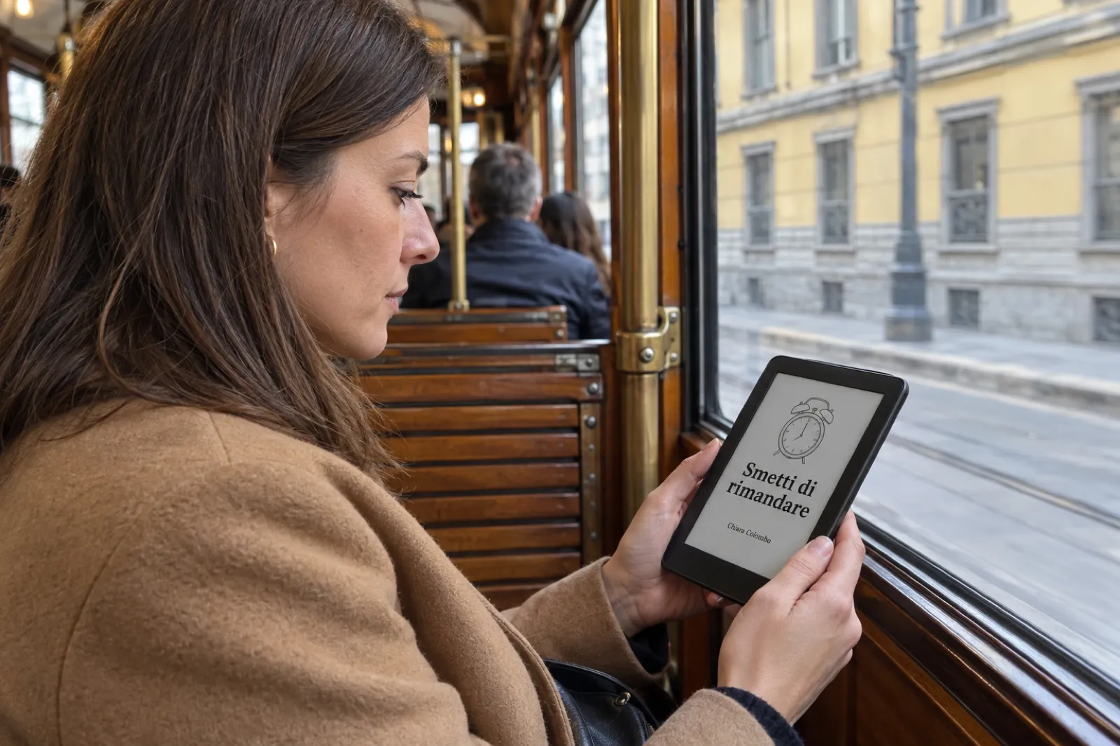 Su un vecchio tram arancione di Milano, al mattino, una donna di circa trent'anni con un cappotto color cammello legge su un e-reader nero la copertina dell'ebook Smetti di rimandare, di Chiara Colombo, con il disegno di una sveglia; fuori dal finestrino scorrono le facciate della città.