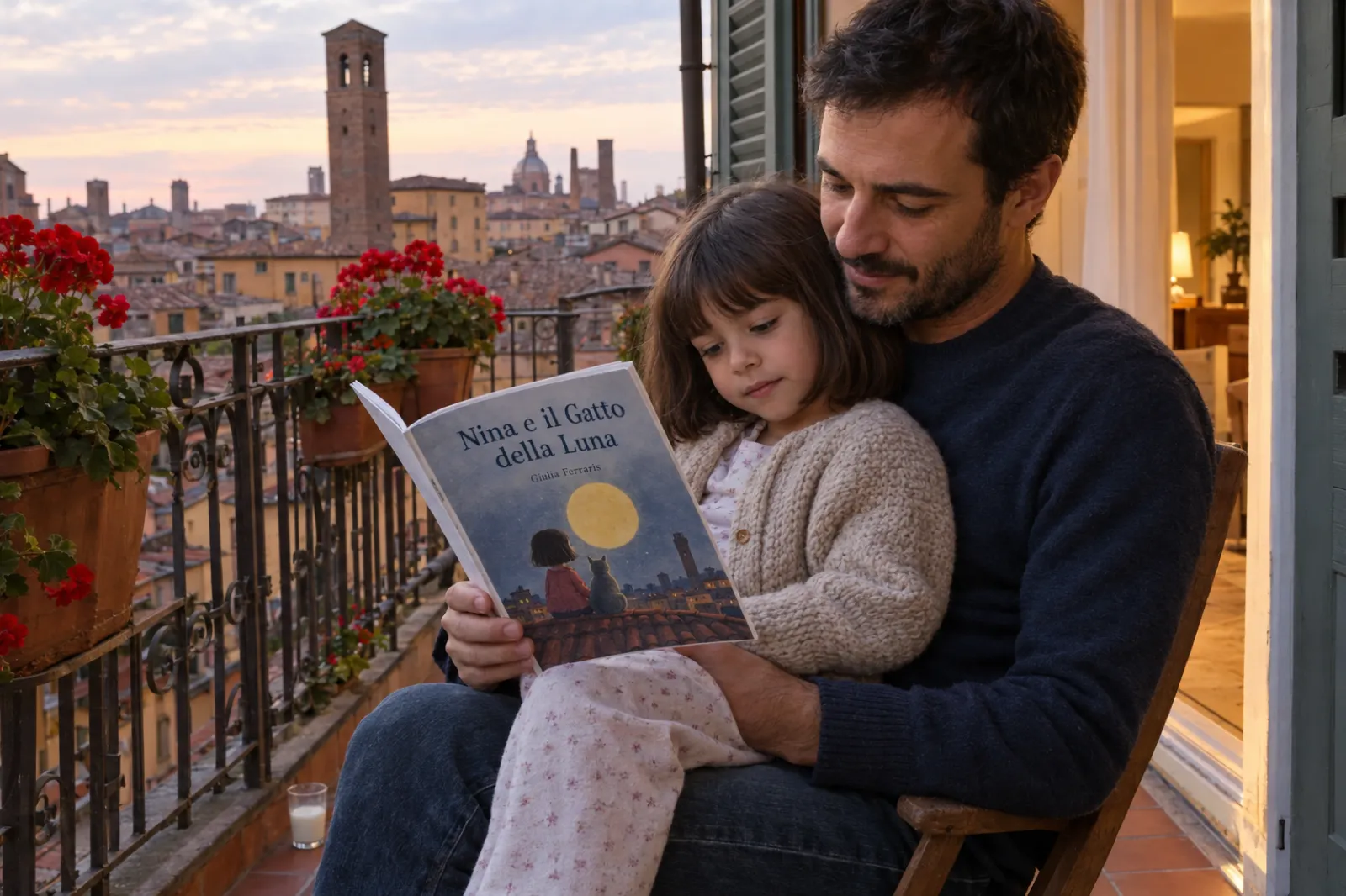 Al tramonto, su un piccolo balcone di un palazzo nel centro di Bologna, un papà con un maglione blu tiene in braccio la figlia di circa cinque anni in pigiama e cardigan, e insieme guardano un libretto stampato. In copertina una bambina con il caschetto scuro siede su un tetto accanto a un gatto grigio sotto una grande luna gialla, con il titolo Nina e il Gatto della Luna e il nome Giulia Ferraris. Sulla ringhiera ci sono vasi di gerani rossi, dietro di loro tetti di coppi e un campanile in mattoni.