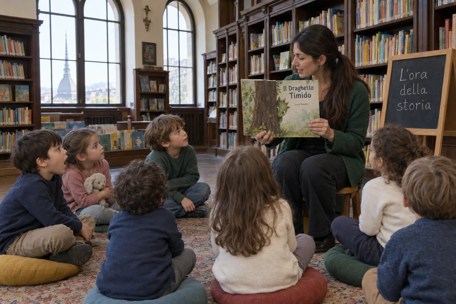 Nell'angolo dei bambini di una vecchia biblioteca di Torino, con alte finestre ad arco e scaffali di legno scuro, una giovane bibliotecaria con il cardigan verde, seduta su uno sgabello basso, mostra un libro aperto a sette bambini di quattro-sei anni seduti su cuscini rotondi. In copertina un piccolo drago verde si nasconde dietro un albero, con il titolo Il Draghetto Timido e il nome Luca Moretti. Su una lavagnetta accanto a lei è scritto in gesso L'ora della storia.