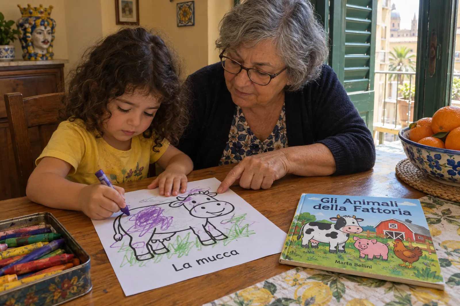 In una cucina di Palermo, con le persiane verdi e una ciotola di arance sul tavolo, una bambina di circa quattro anni con i capelli ricci colora con un pastello viola la grande sagoma di una mucca dai contorni spessi; sotto il disegno è stampata la parola La mucca. La nonna, con i capelli grigi e gli occhiali, le indica la pagina. Sul tavolo, accanto a una scatola di pastelli, c'è un libro da colorare quadrato con la copertina a colori: animali della fattoria davanti a un fienile rosso, il titolo Gli Animali della Fattoria e il nome Marta Bellini.