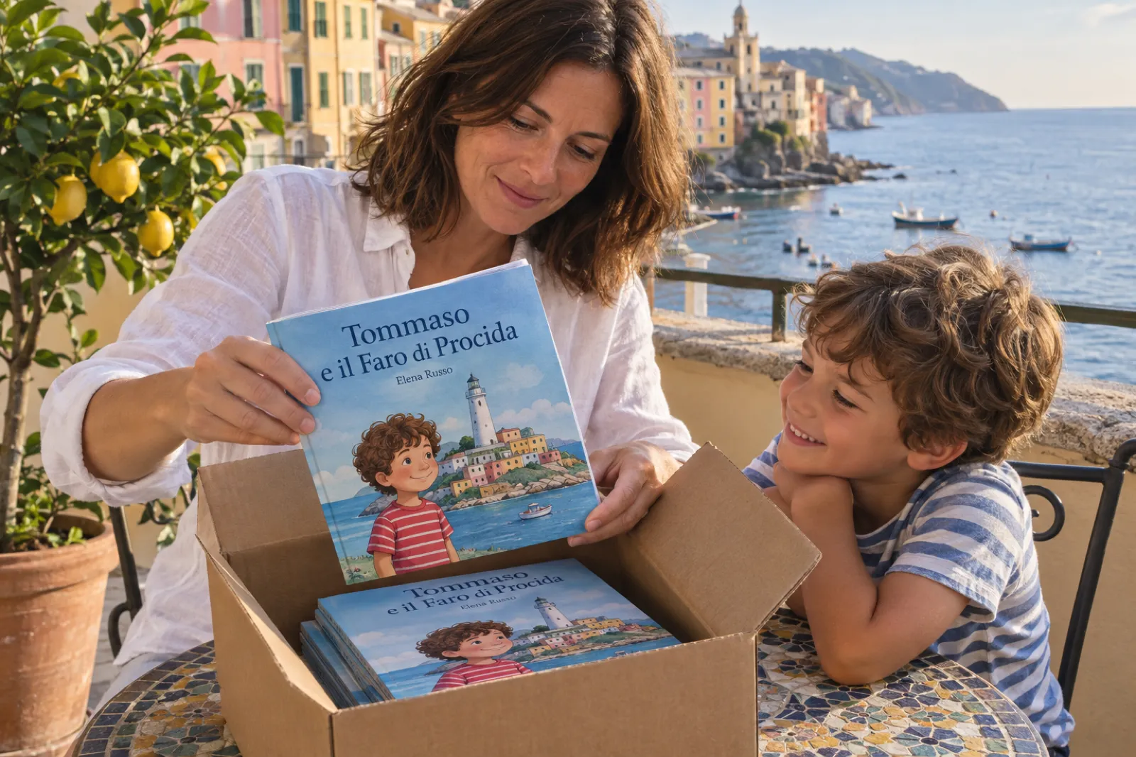 Su una piccola terrazza assolata di un paese della costa ligure, con le facciate color pastello e il mare con le barche da pesca sullo sfondo, una donna con la camicia di lino bianca ha appena aperto uno scatolone di cartone e ne tira fuori una copia in brossura di un libro illustrato. In copertina un bambino con i capelli ricci e la maglietta a righe rosse davanti a un faro bianco, con il titolo Tommaso e il Faro di Procida e il nome Elena Russo. Nella scatola ci sono altre copie uguali, e un bambino di circa sei anni, appoggiato al tavolo, guarda la copertina sorridendo.