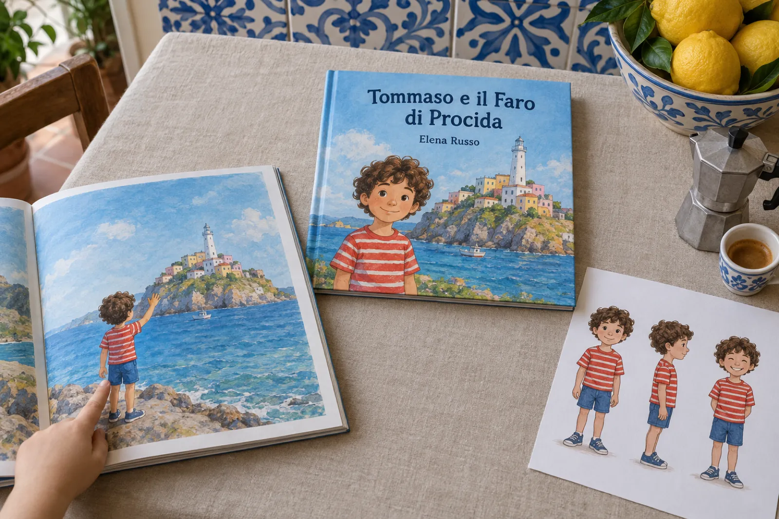 Su un tavolo da cucina a Napoli, con le piastrelle di maiolica bianche e blu sullo sfondo, è aperto un libro illustrato quadrato: un bambino di circa sei anni con i capelli ricci castani e la maglietta a righe rosse saluta un faro bianco su un'isola con le case color pastello. Una manina di bambino indica il protagonista. Accanto c'è lo stesso libro chiuso, con il titolo Tommaso e il Faro di Procida e il nome Elena Russo, e una scheda stampata con il bambino disegnato di fronte, di profilo e sorridente. Vicino, una moka e una tazzina di caffè.