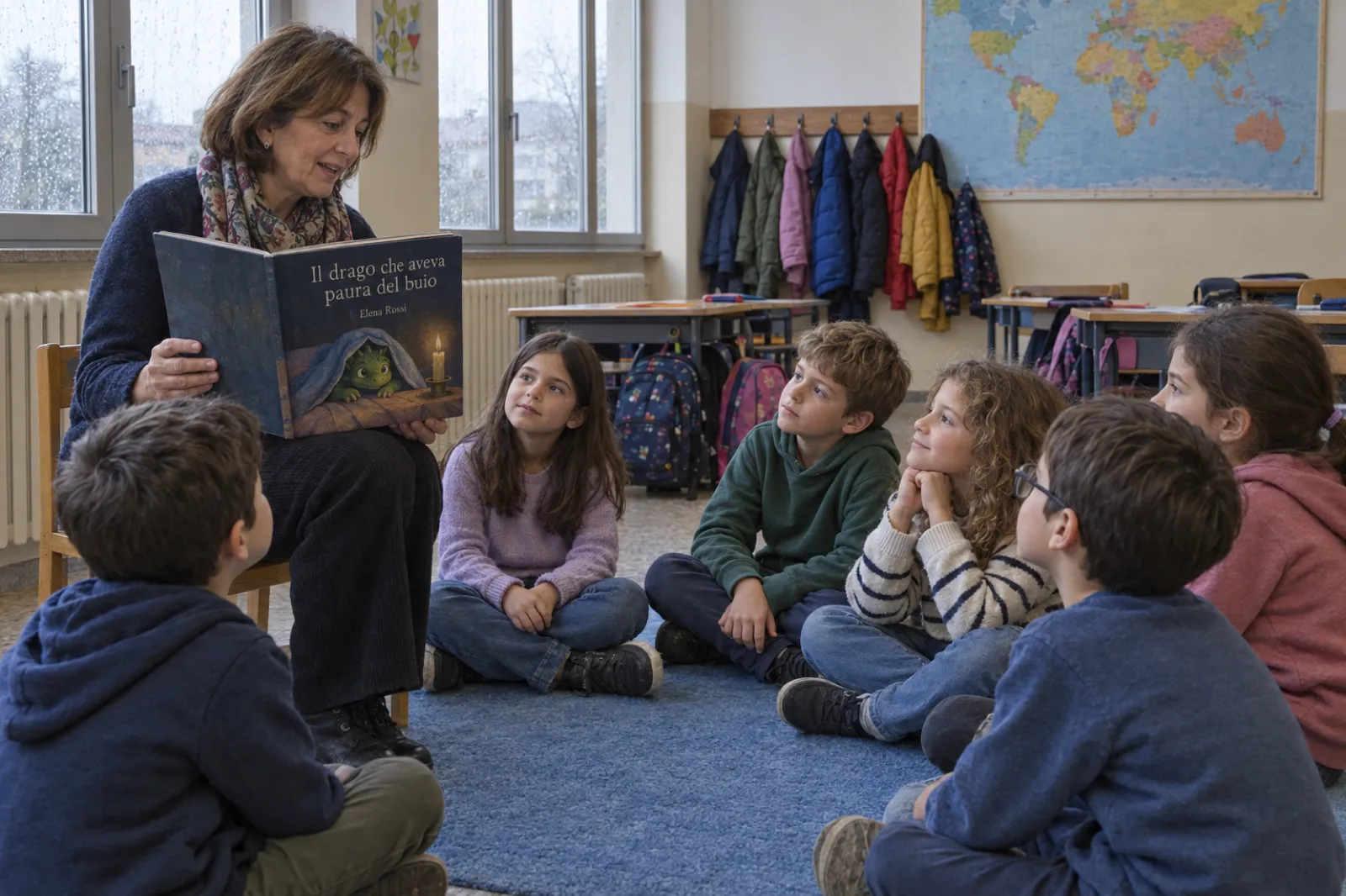 In un'aula di scuola primaria, una maestra con il foulard legge ad alta voce un grande libro quadrato, Il drago che aveva paura del buio di Elena Rossi, a sei bambini seduti su un tappeto blu.