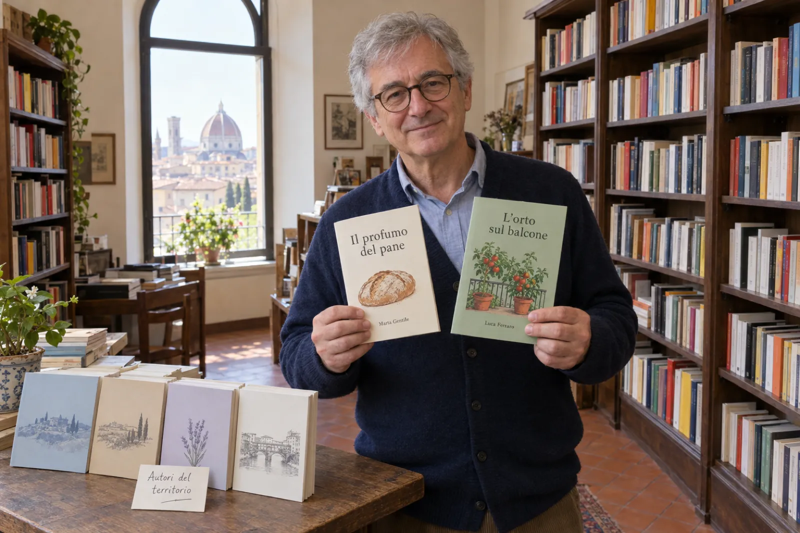 In una piccola libreria di Firenze con il pavimento in cotto, il libraio con gli occhiali tondi e il cardigan blu mostra due libri autopubblicati, Il profumo del pane di Marta Gentile e L'orto sul balcone di Luca Ferraro, accanto a un tavolino con altri libri e un cartellino scritto a mano: Autori del territorio.