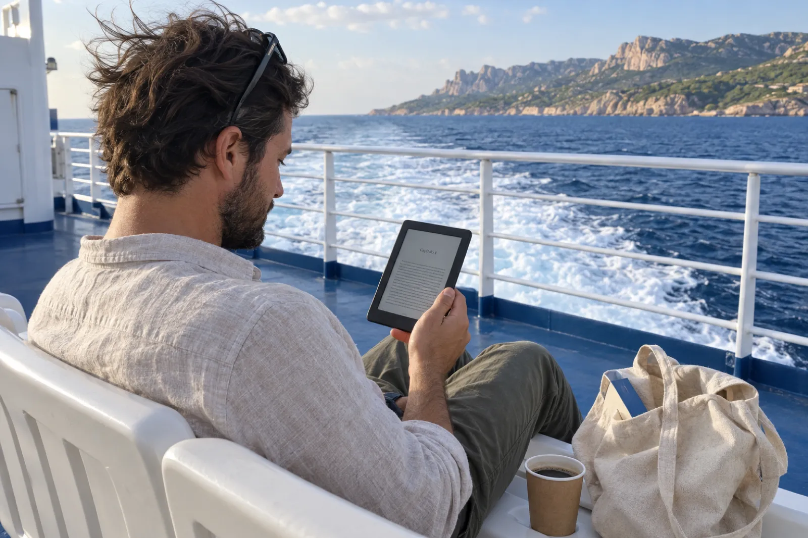 Sul ponte di un traghetto verso la Sardegna, un uomo con la barba e la camicia di lino legge su un e-reader la pagina del Capitolo 1, con la scia bianca e la costa sullo sfondo e una borsa di tela accanto.