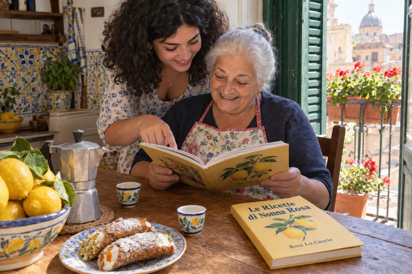 In una cucina luminosa di Palermo, una nonna con i capelli bianchi raccolti e il grembiule a fiori sfoglia un libro stampato insieme alla nipote ventenne che indica una pagina; sul tavolo di legno una seconda copia dalla copertina gialla con un ramo di limone, titolo Le Ricette di Nonna Rosa e nome Rosa Lo Cascio, una moka, una ciotola di limoni e un piatto di cannoli; alle pareti piastrelle di maiolica.