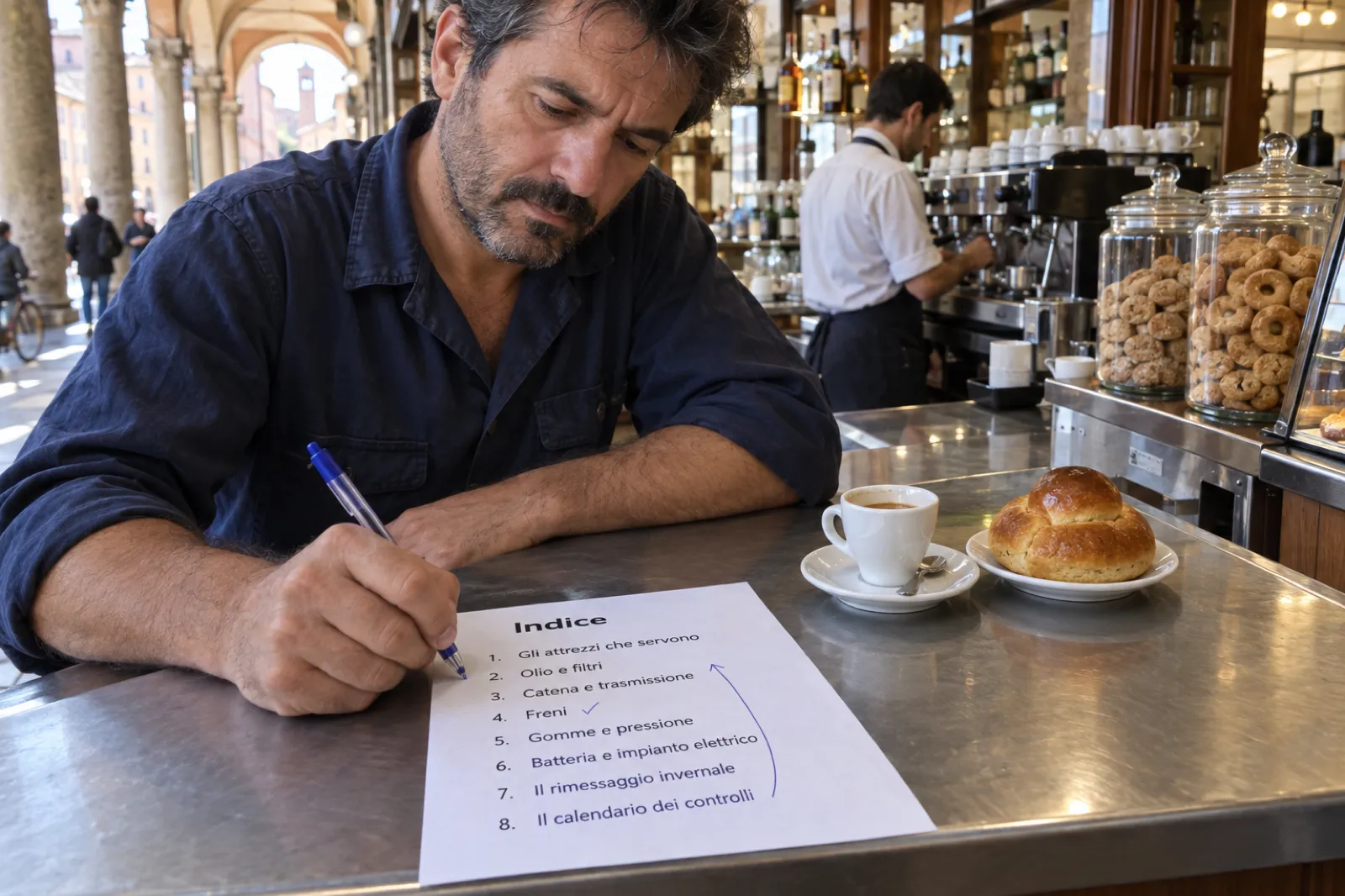 Al bancone in acciaio di un bar sotto i portici di Bologna, al mattino, un uomo con la camicia blu da lavoro corregge a penna un foglio stampato con il titolo Indice e otto capitoli numerati: Gli attrezzi che servono, Olio e filtri, Catena e trasmissione, Freni, Gomme e pressione, Batteria e impianto elettrico, Il rimessaggio invernale, Il calendario dei controlli; accanto un caffè e una brioche, dietro il barista alla macchina dell'espresso.