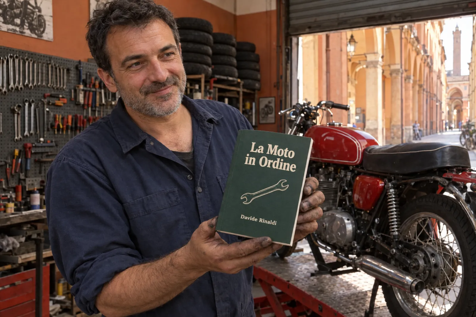 In un'officina di moto a Bologna, un meccanico sui quarantacinque anni con la camicia blu da lavoro e le dita sporche di grasso mostra un libro stampato dalla copertina verde scuro con il disegno di una chiave inglese, titolo La Moto in Ordine e nome dell'autore Davide Rinaldi; dietro di lui una moto rossa sul ponte, una parete di attrezzi, pile di gomme e, oltre la saracinesca aperta, i portici di Bologna.