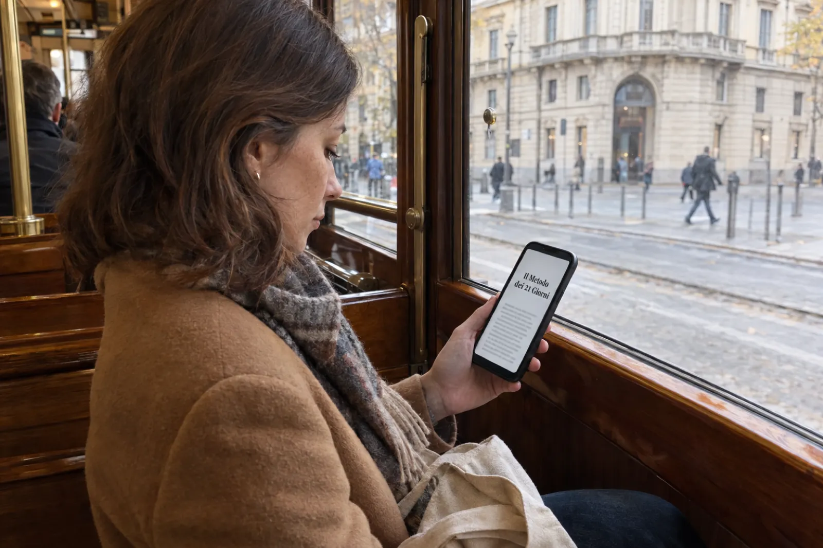 Su un tram storico di Milano con le panche in legno verniciato e i corrimano in ottone, una donna sui trent'anni con il cappotto color cammello e la sciarpa legge sul telefono un ebook intitolato Il Metodo dei 21 Giorni; dal finestrino si vedono un palazzo color crema e i passanti.