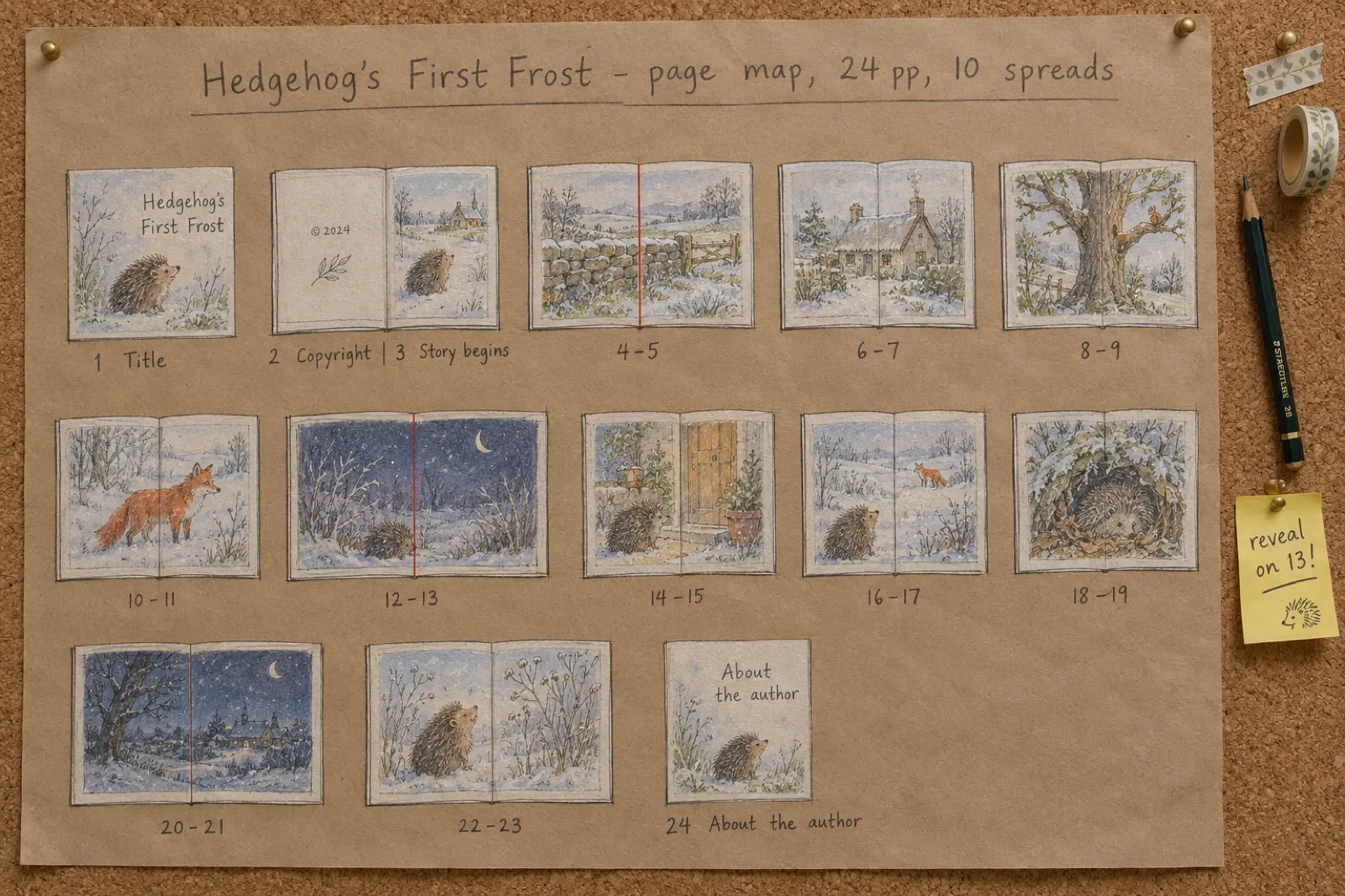 A hand-drawn page map on kraft paper pinned to a cork board for Hedgehog's First Frost, 24 pages, 10 spreads: page 1 Title alone, 2 Copyright and 3 Story begins as a pair, then facing-page sketches for 4-5 through 22-23 with red fold lines on the spreads painted across both pages, and page 24 About the author alone; a sticky note reads reveal on 13