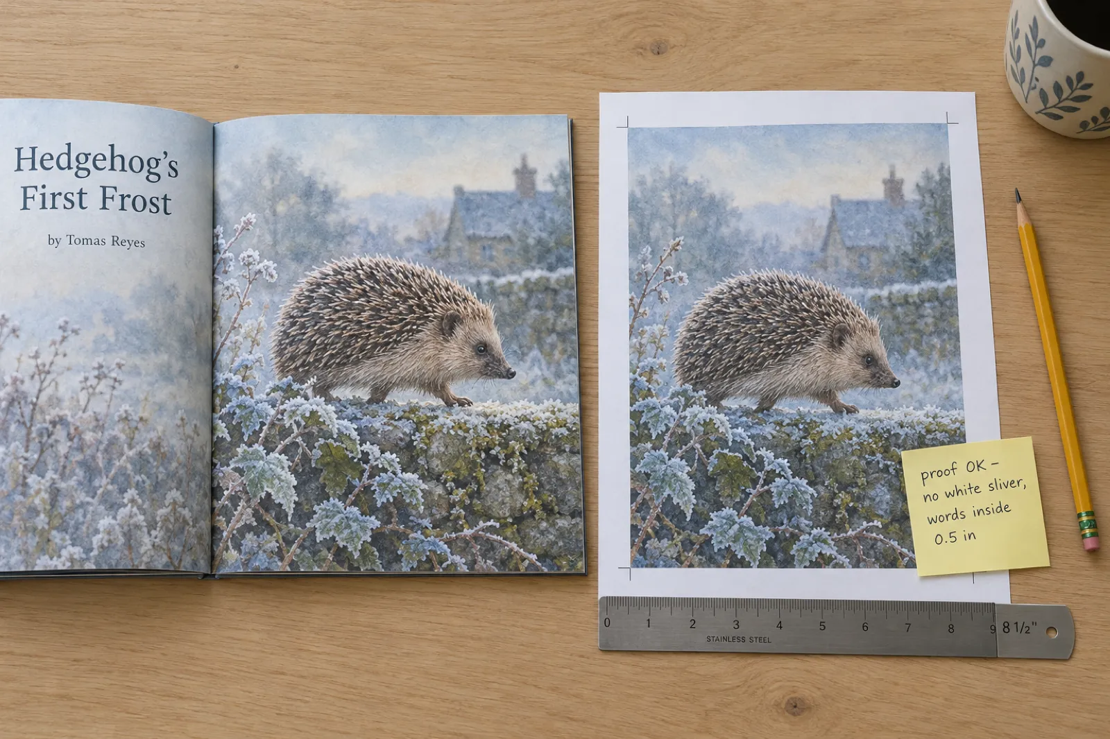 An open printed proof of Hedgehog's First Frost by Tomas Reyes with a full-bleed watercolour of a hedgehog on a frosty wall running to the page edge, next to the uncut printed PDF page with crop marks at the corners showing the same painting slightly larger, a steel ruler along the edge and a sticky note reading proof OK, no white sliver, words inside 0.5 in