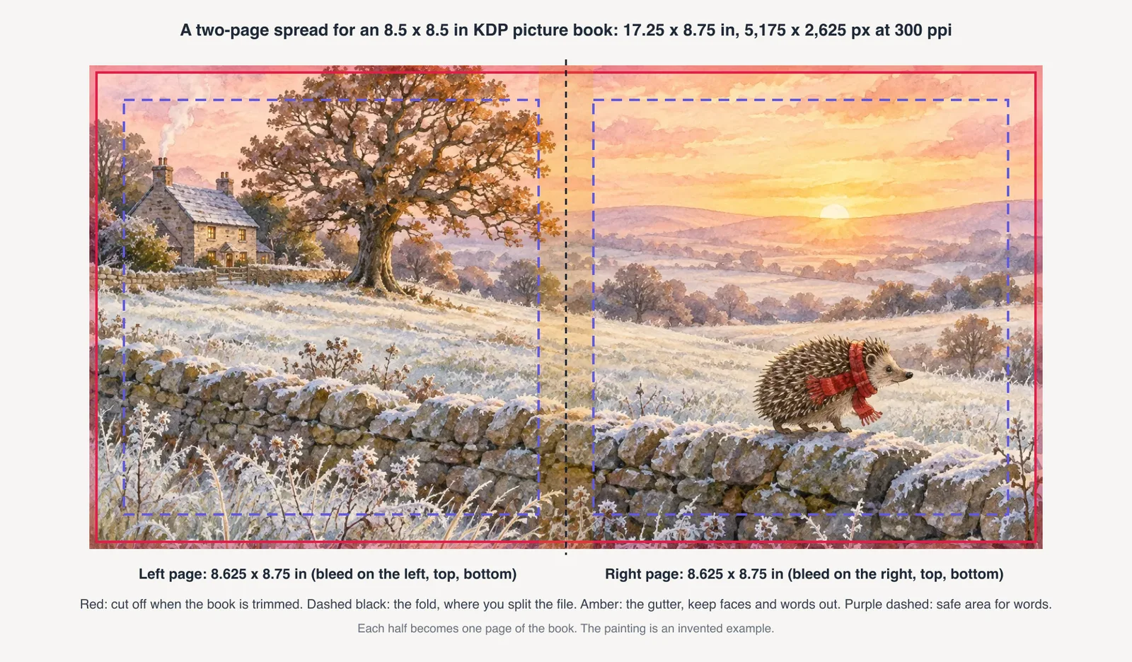A watercolour two-page spread of a hedgehog in a red scarf on a frosty stone wall and a cottage and oak at sunrise, marked for an 8.5 x 8.5 inch KDP picture book at 17.25 x 8.75 inches: red shaded bleed on the outer edges, a red trim line, a dashed black fold line down the middle, an amber gutter band and purple dashed safe areas on each page, with labels for the left and right pages at 8.625 x 8.75 inches