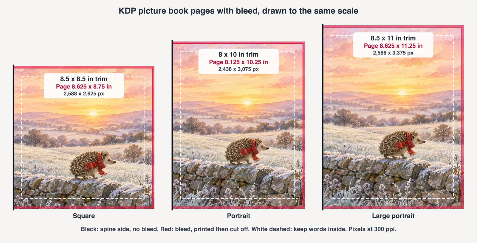 Three KDP picture book pages drawn to the same scale, each filled with a watercolour hedgehog on a frosty wall: Square 8.5 x 8.5 in trim, page 8.625 x 8.75 in, 2,588 x 2,625 px; Portrait 8 x 10 in trim, page 8.125 x 10.25 in, 2,438 x 3,075 px; Large portrait 8.5 x 11 in trim, page 8.625 x 11.25 in, 2,588 x 3,375 px; red bleed strips on the outside, top and bottom, a black spine edge with no bleed, and a white dashed safe line