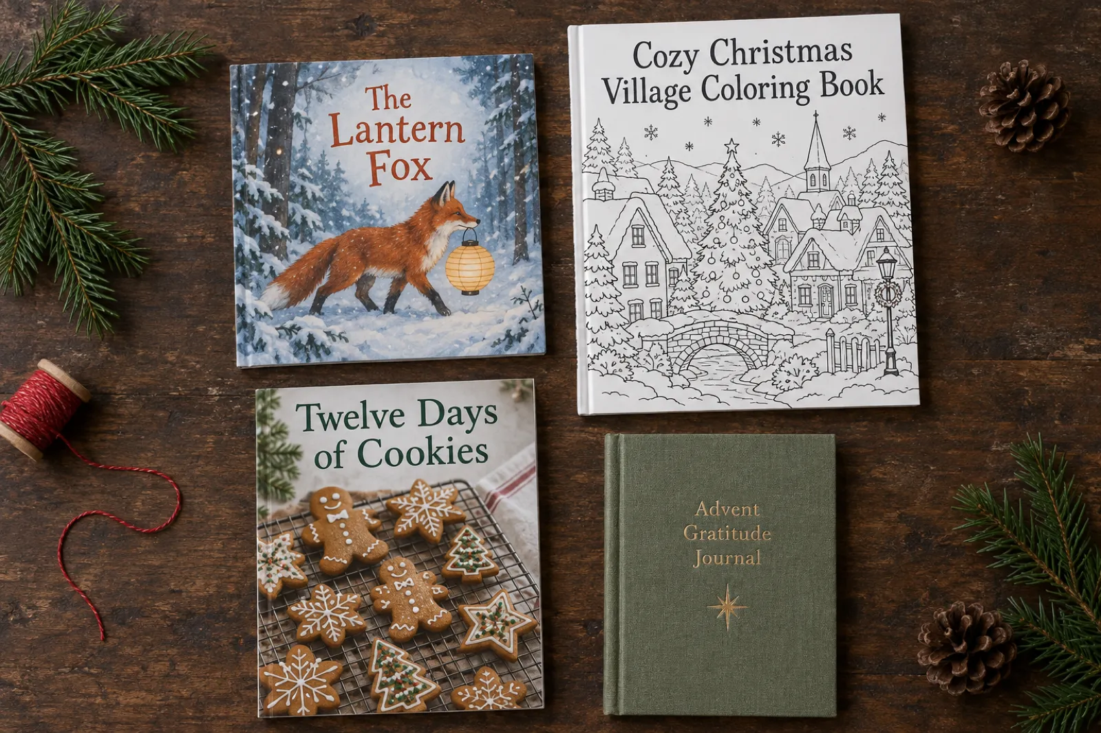 Overhead photo of four invented Christmas books on a walnut table with pine sprigs: a square picture book called The Lantern Fox, a coloring book called Cozy Christmas Village Coloring Book, a cookbook called Twelve Days of Cookies and a journal called Advent Gratitude Journal.