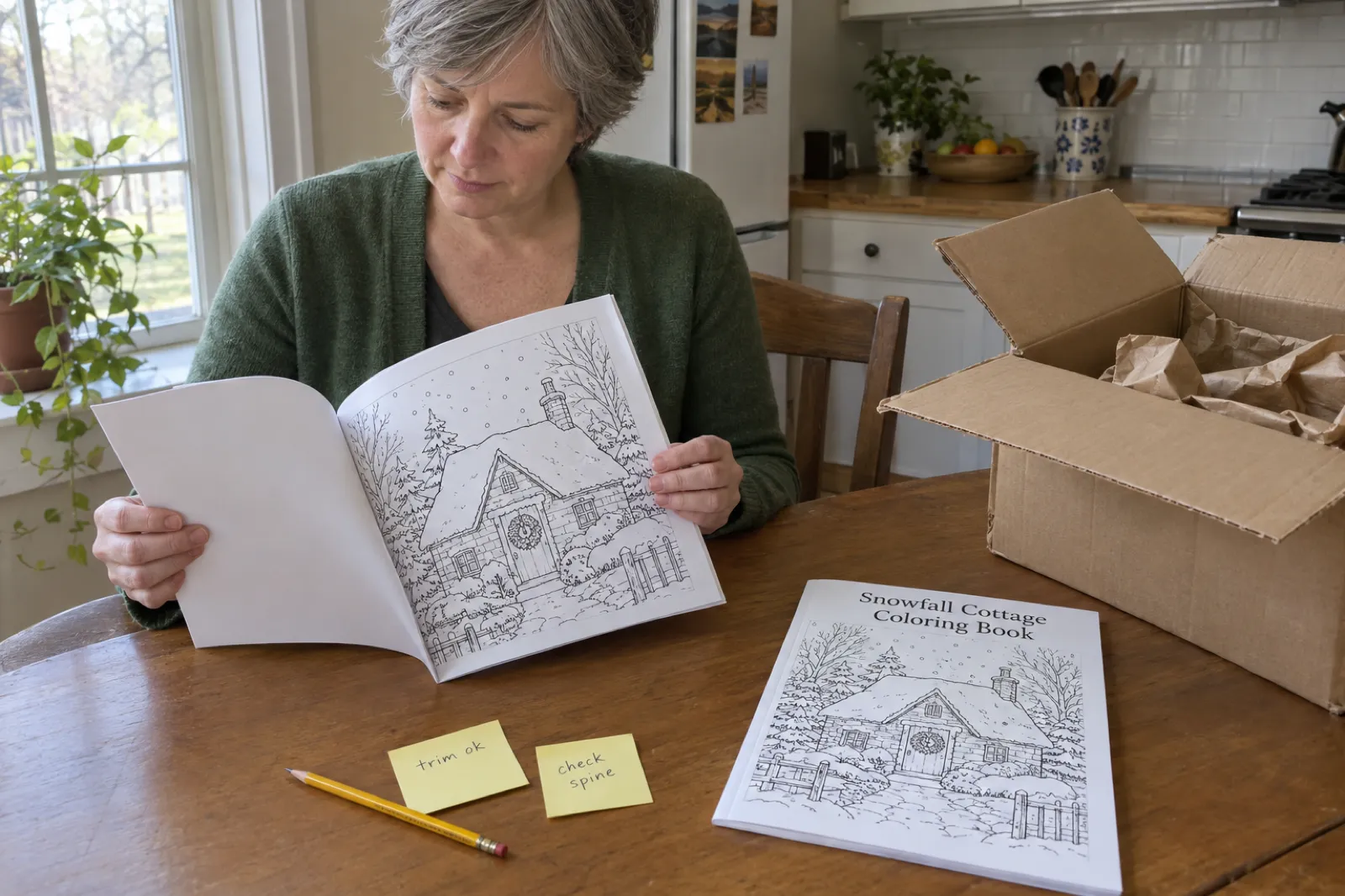 A woman with short grey hair in a green cardigan checks a printed proof of an invented book called Snowfall Cottage Coloring Book at her kitchen table beside an opened shipping box, with sticky notes reading trim ok and check spine.