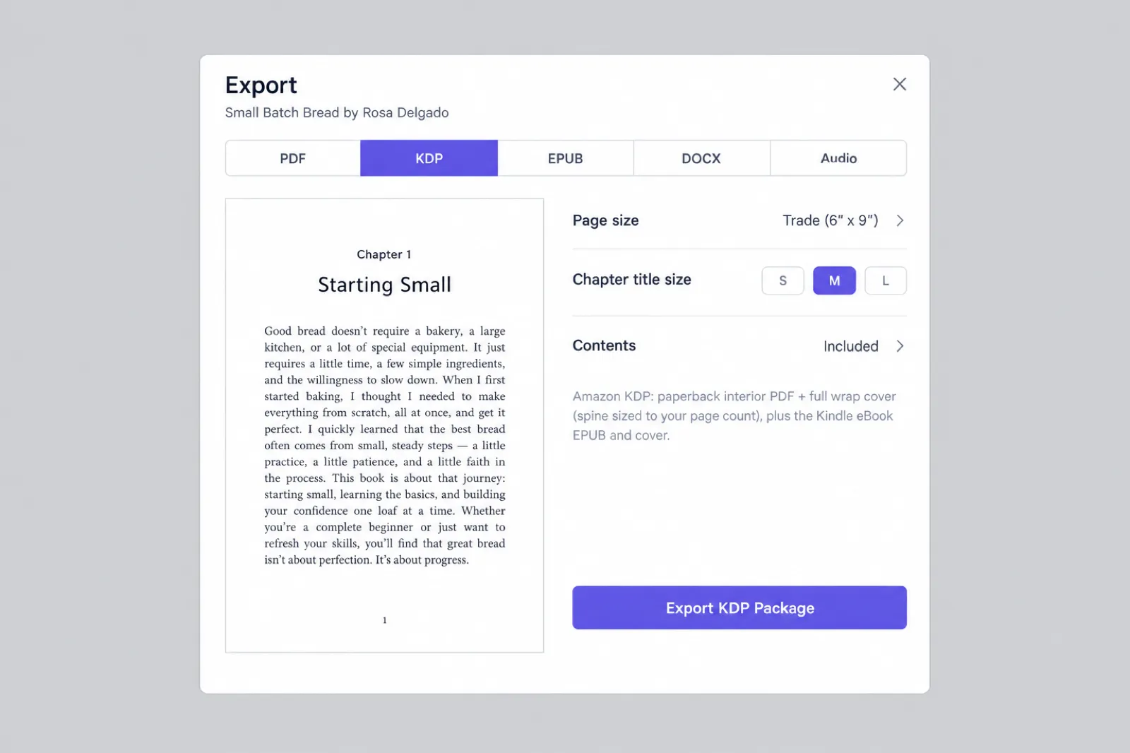 Inkfluence AI Export window with the KDP tab selected for the book Small Batch Bread by Rosa Delgado, showing a 6 x 9 chapter opening preview, Page size Trade 6 x 9, Chapter title size S M L, and an Export KDP Package button