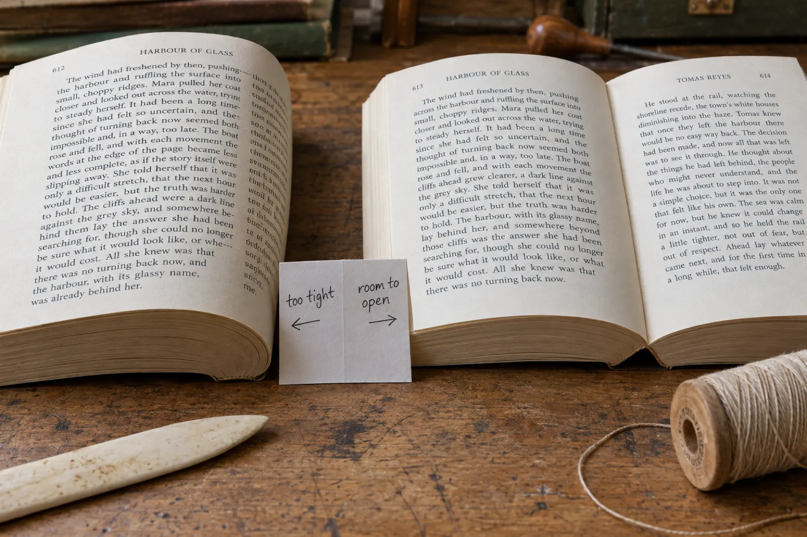 Two thick copies of Harbour of Glass by Tomas Reyes open on a bookbinder's bench: in one, lines of text run into the curved spine, in the other the text sits clear of the fold, with a card reading too tight and room to open