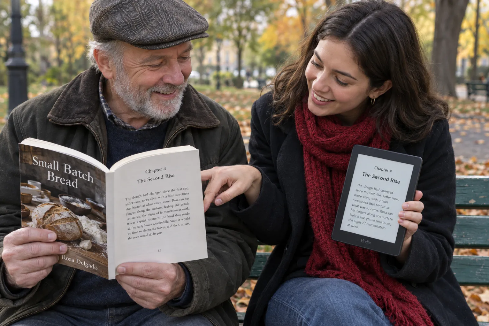Two people on a park bench in autumn compare editions of Small Batch Bread by Rosa Delgado: he holds the paperback open at Chapter 4, The Second Rise, and she points to the same chapter reflowed in a larger font on her e-reader