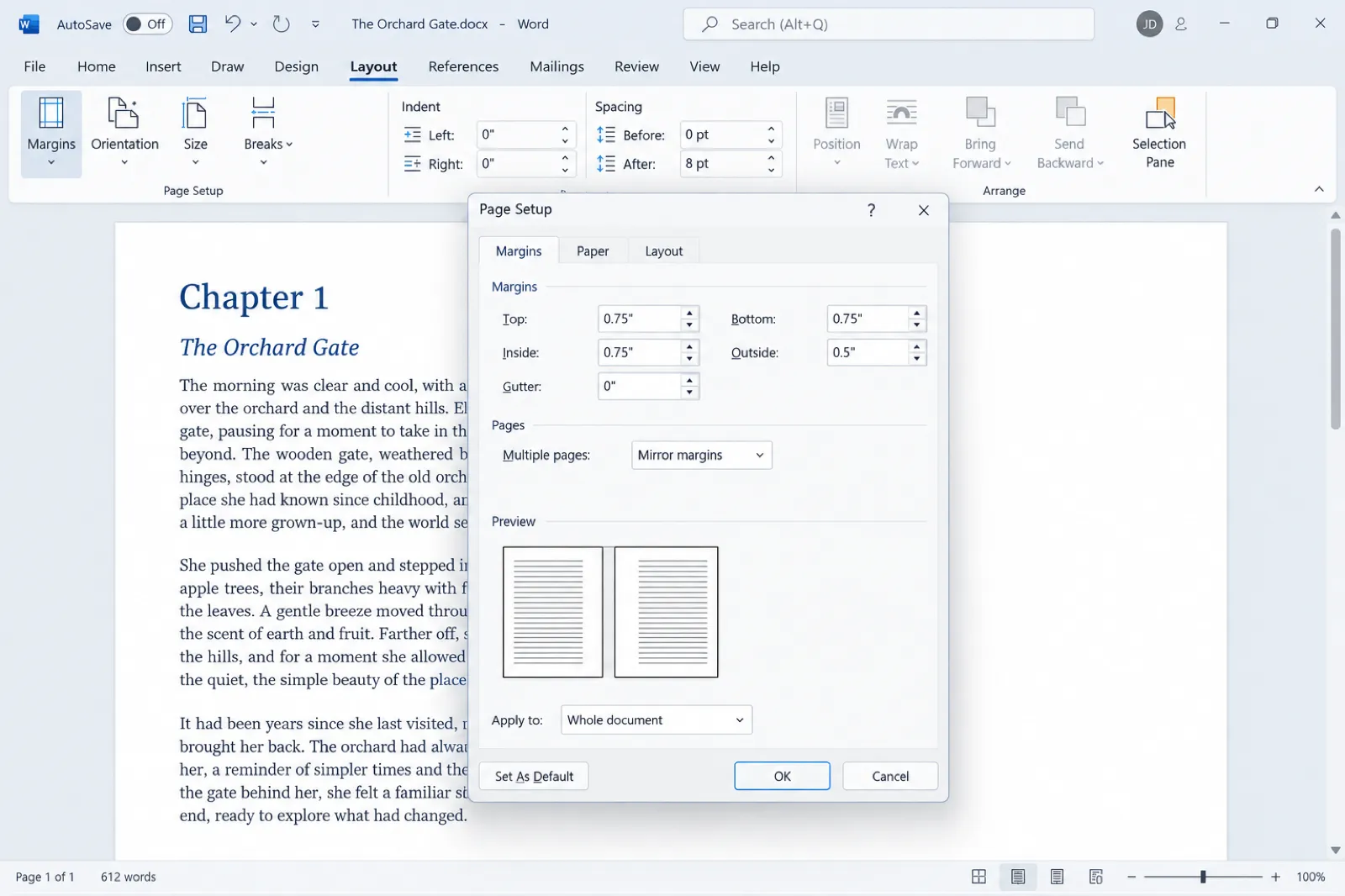 Microsoft Word Page Setup dialog on the Margins tab with Mirror margins selected, Top 0.75, Bottom 0.75, Inside 0.75, Outside 0.5 and Gutter 0, over a document page headed Chapter 1, The Orchard Gate