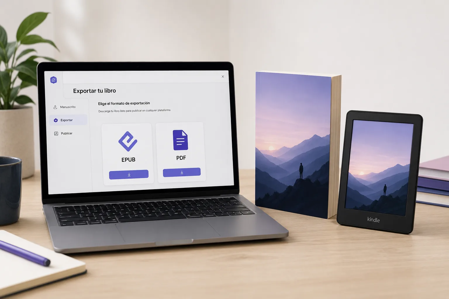 Los tres archivos necesarios para publicar en Amazon KDP: portátil con las tarjetas de exportación EPUB y PDF en una app en español, el libro impreso en tapa blanda de pie y un Kindle mostrando la misma portada