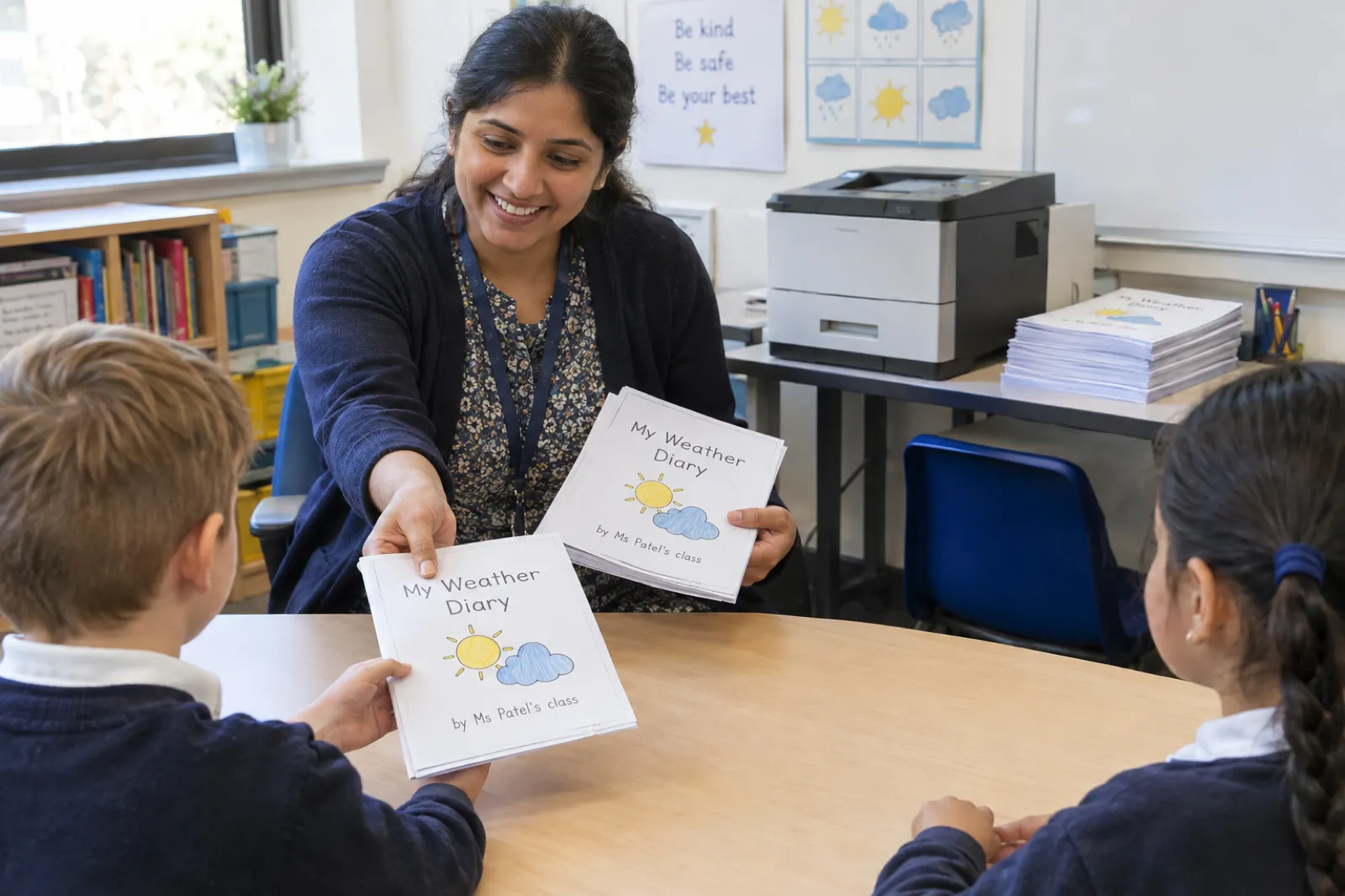 A teacher hands printed copies of a workbook titled My Weather Diary by Ms Patel's class to two pupils, with a stack of copies beside a classroom printer