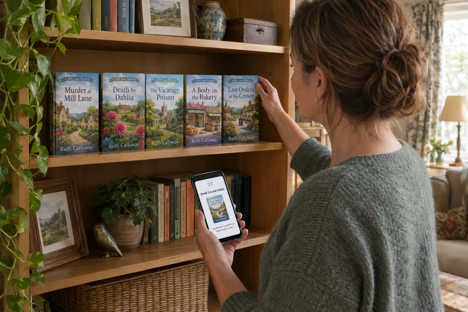 A woman places the fifth Mill Lane Mystery paperback by Ruth Calloway on a shelf beside the first four, holding a phone showing a newsletter headed Book 5 is out today