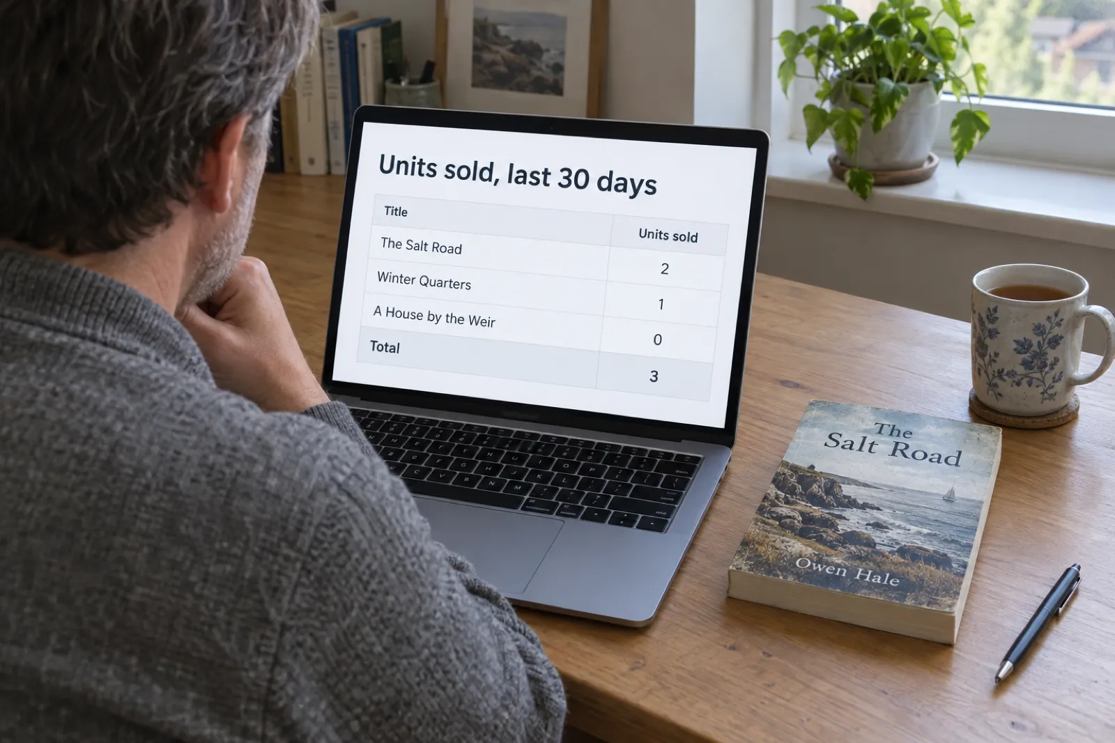 A man at a home desk looks at a laptop table titled Units sold, last 30 days: The Salt Road 2, Winter Quarters 1, A House by the Weir 0, total 3, with a paperback of The Salt Road by Owen Hale beside it