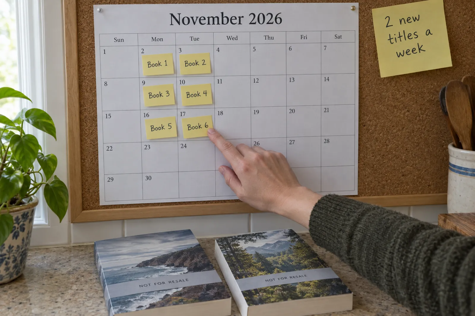 A November 2026 wall calendar with sticky notes Book 1 to Book 6 placed two per week, a note reading 2 new titles a week, and two proof copies with Not for Resale bands below