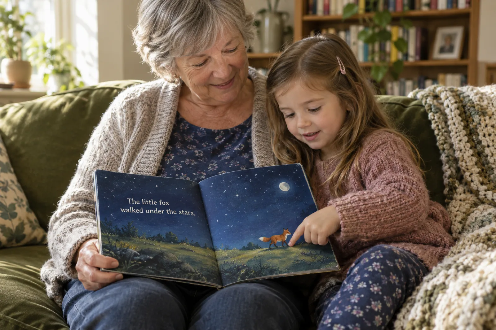 A grandmother and a young girl on a green sofa read a square paperback picture book; the night-sky illustration with a small fox runs to the trimmed edges of both pages, and the line of text sits well inside the page.