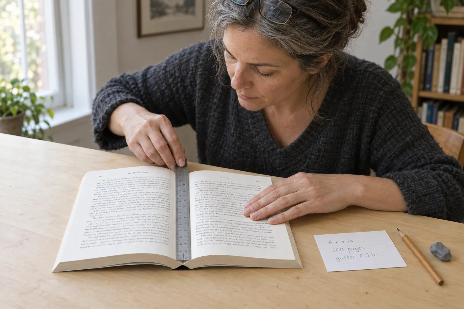 A woman with reading glasses pushed into her grey-streaked hair lays a steel ruler along the gutter of an open paperback proof copy on a birch table; an index card beside it reads 6 x 9 in, 300 pages, gutter 0.5 in.