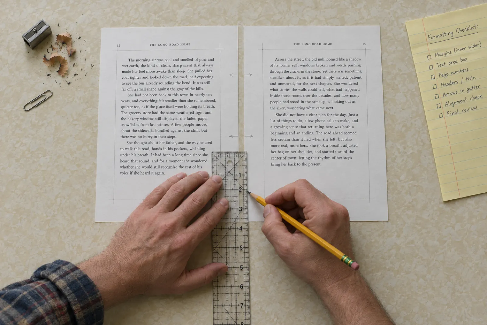 Overhead view of two hands holding a clear quilting ruler and a yellow pencil over a printed two-page spread; light pencil boxes mark the text area of each page with the wider margin on the inner edges, and a yellow checklist reads Margins (inner wider).