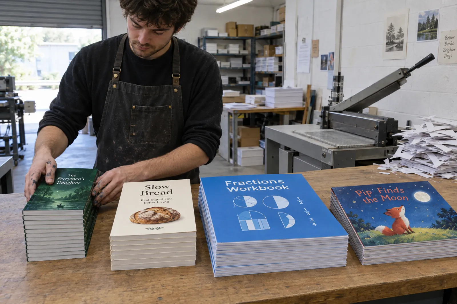 A young man in a dark canvas apron sorts four stacks of paperback proof copies on a print shop counter: small green novels, cream 6 by 9 cookbooks, large blue workbooks and square picture books with a fox on the cover; a paper guillotine stands behind.