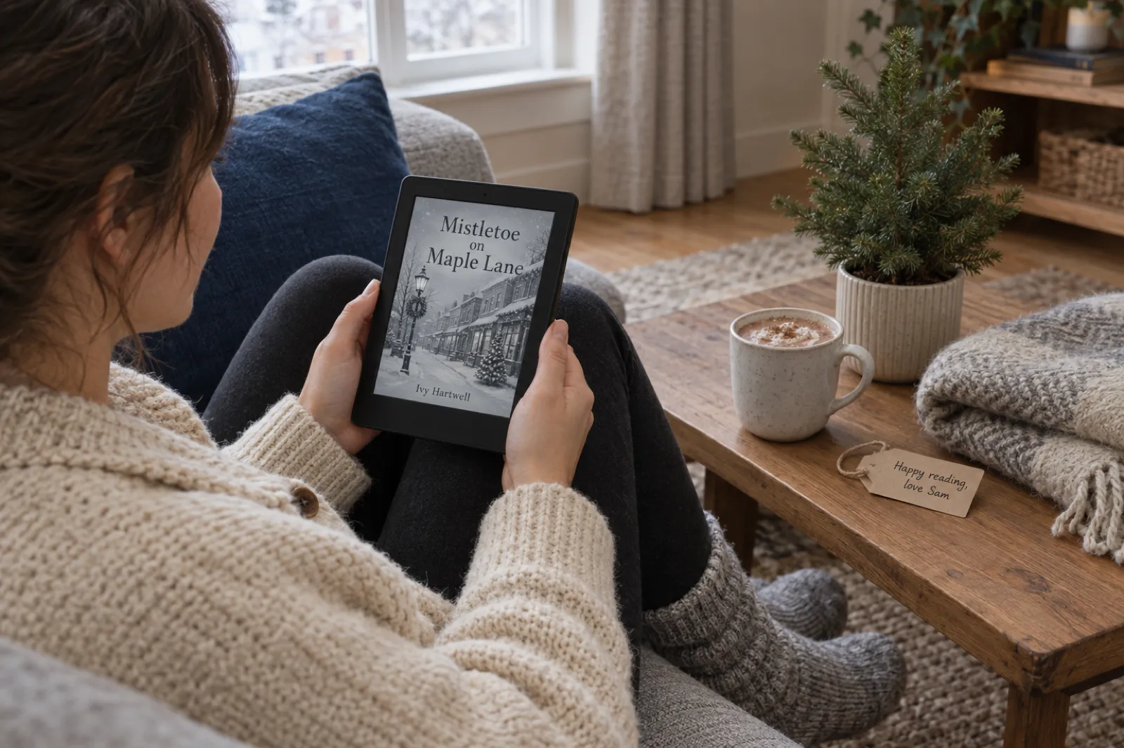 A woman in wool socks and a cream cardigan curled up on a sofa reading Mistletoe on Maple Lane by Ivy Hartwell on a plain e-reader, with cocoa, a small potted fir tree and a gift tag reading Happy reading, love Sam on the coffee table.
