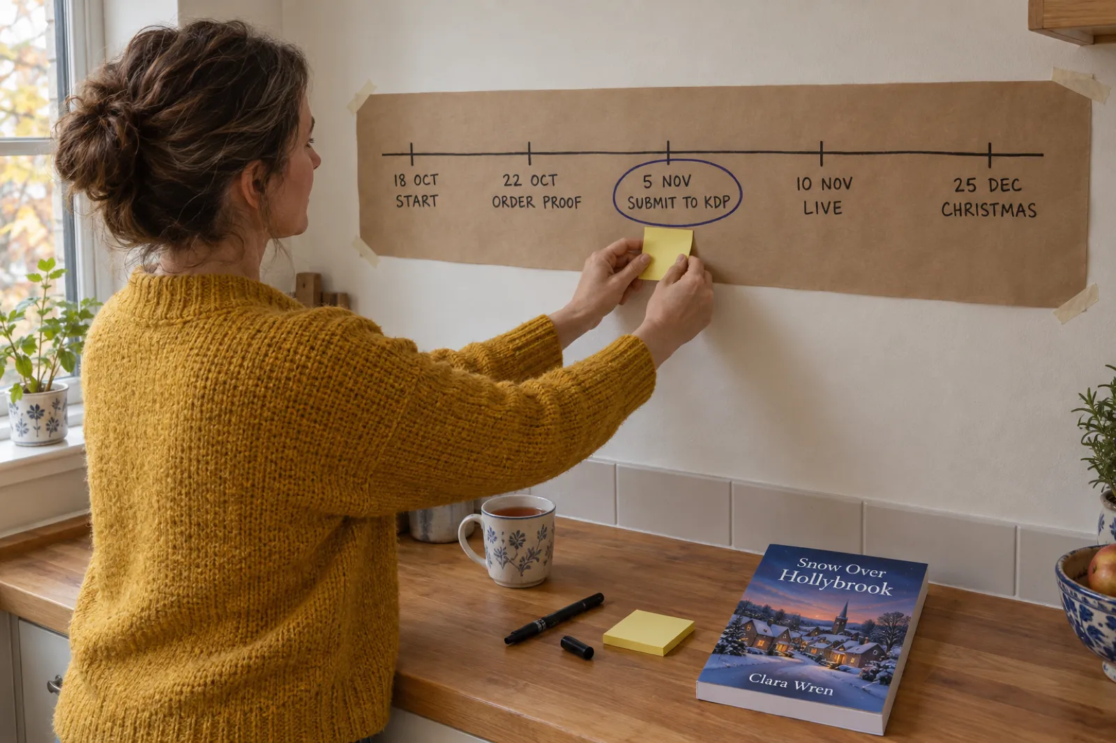 A woman in a mustard jumper presses a sticky note onto a kraft-paper timeline taped across her kitchen wall, hand-lettered 18 OCT START, 22 OCT ORDER PROOF, 5 NOV SUBMIT TO KDP (circled), 10 NOV LIVE and 25 DEC CHRISTMAS, with a proof copy of Snow Over Hollybrook by Clara Wren on the counter below.