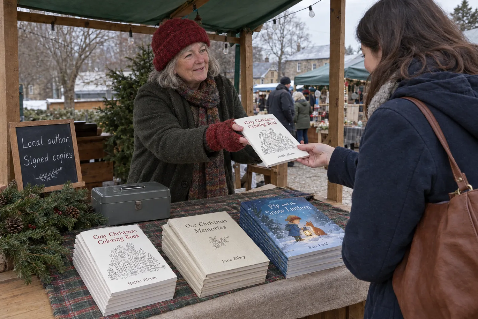 At a winter craft market stall, a woman in a red wool hat hands a copy of Cosy Christmas Coloring Book by Hattie Bloom to a customer, beside stacks of Our Christmas Memories by June Ellery and Pip and the Snow Lantern by Rosa Field, and a chalkboard reading Local author, Signed copies.