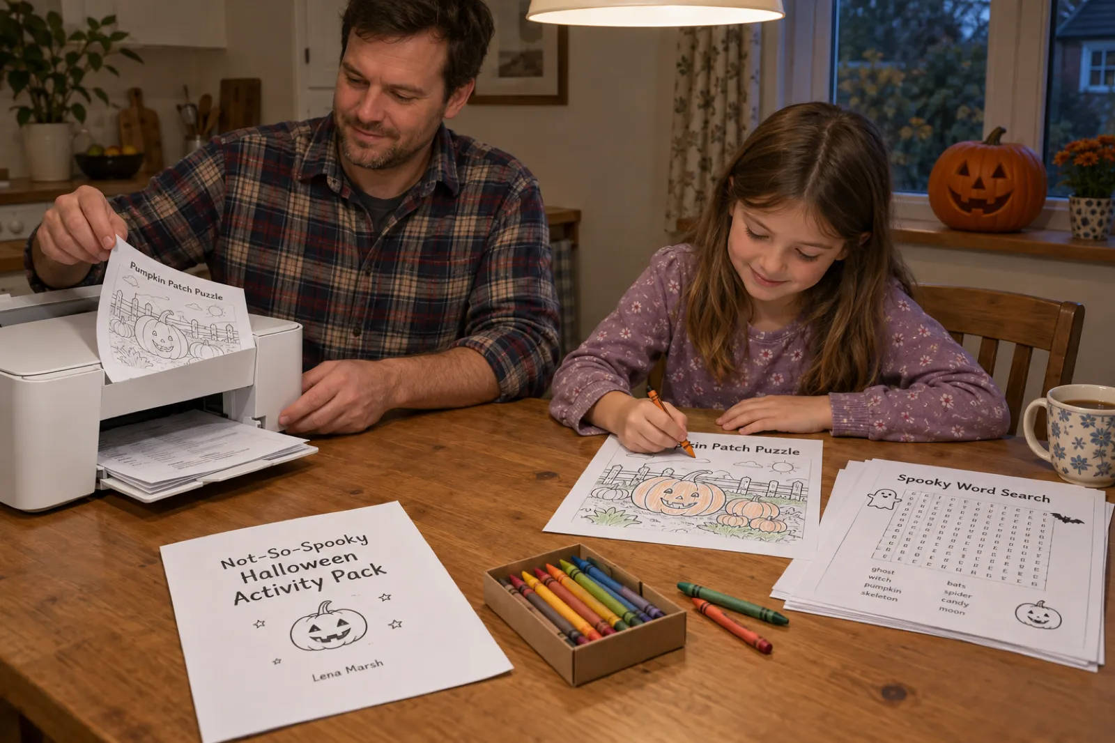 At a kitchen table in the evening, a father lifts printed pages from a home printer while his daughter colours a sheet headed Pumpkin Patch Puzzle, beside a cover sheet for Not-So-Spooky Halloween Activity Pack by Lena Marsh and a page headed Spooky Word Search.
