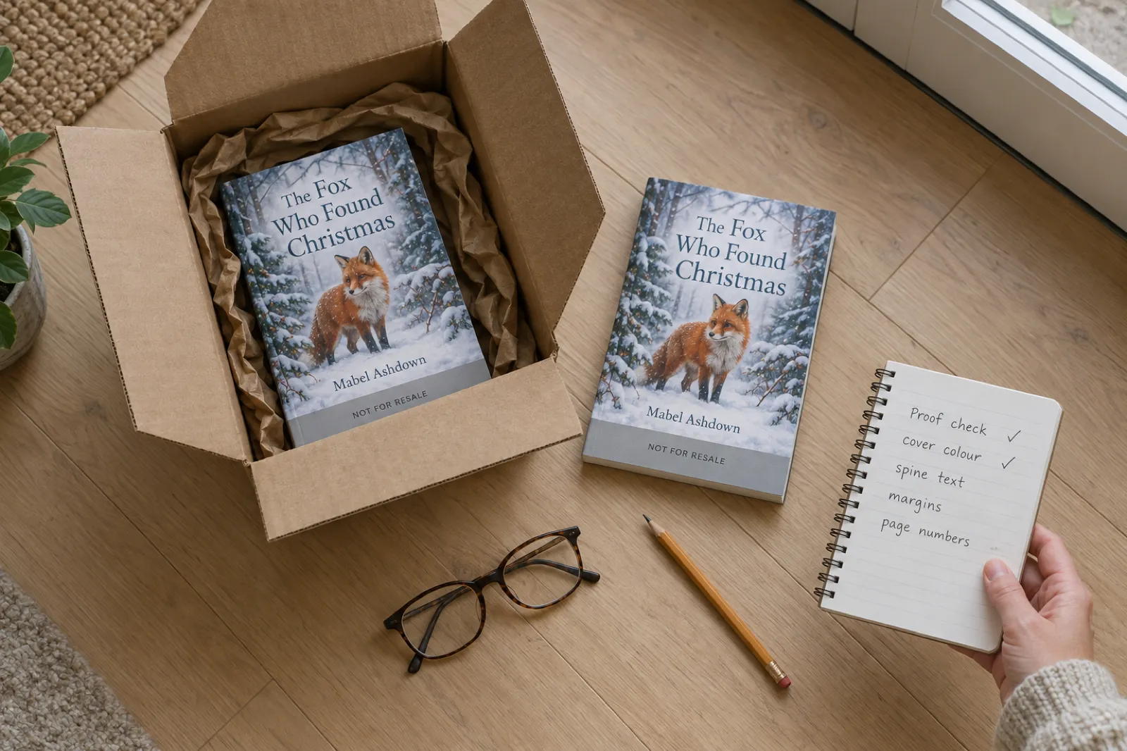 An opened plain cardboard box on a hallway floor holding a paperback proof of The Fox Who Found Christmas by Mabel Ashdown, a second copy beside it with a grey NOT FOR RESALE band across the cover, and a hand holding a notebook with a proof checklist: cover colour, spine text, margins, page numbers.