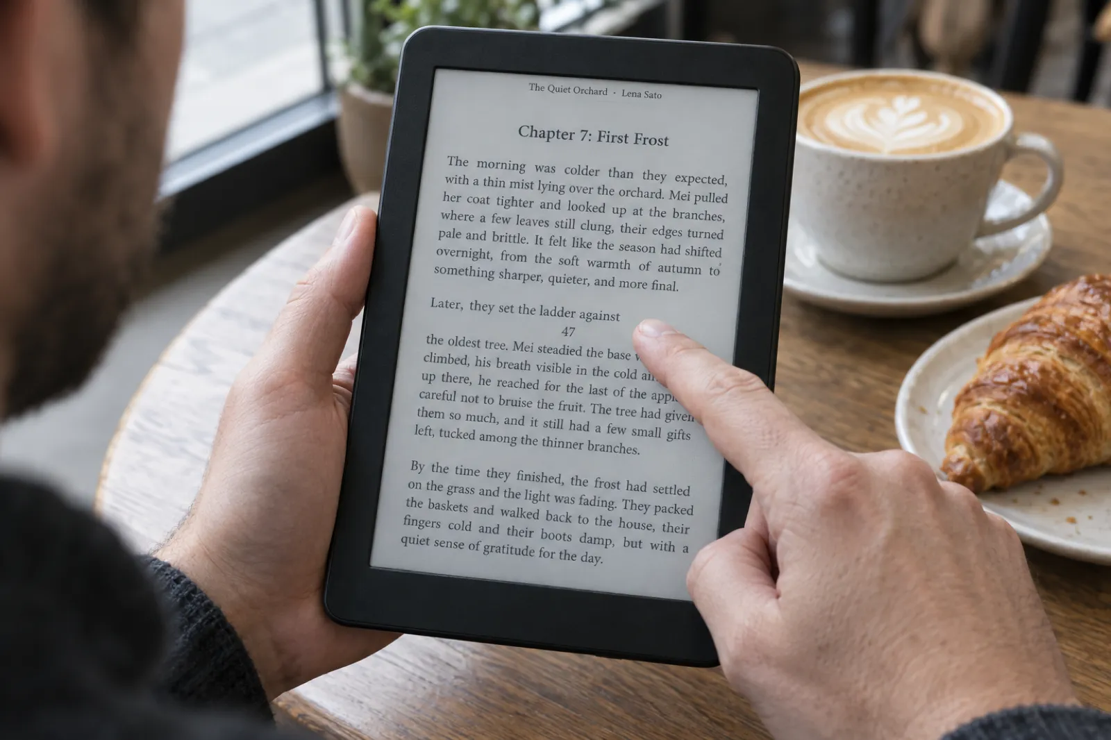 In a cafe, a reader points at an e-reader showing The Quiet Orchard by Lena Sato, Chapter 7: First Frost, where a stray printed page number 47 sits on its own line in the middle of a sentence