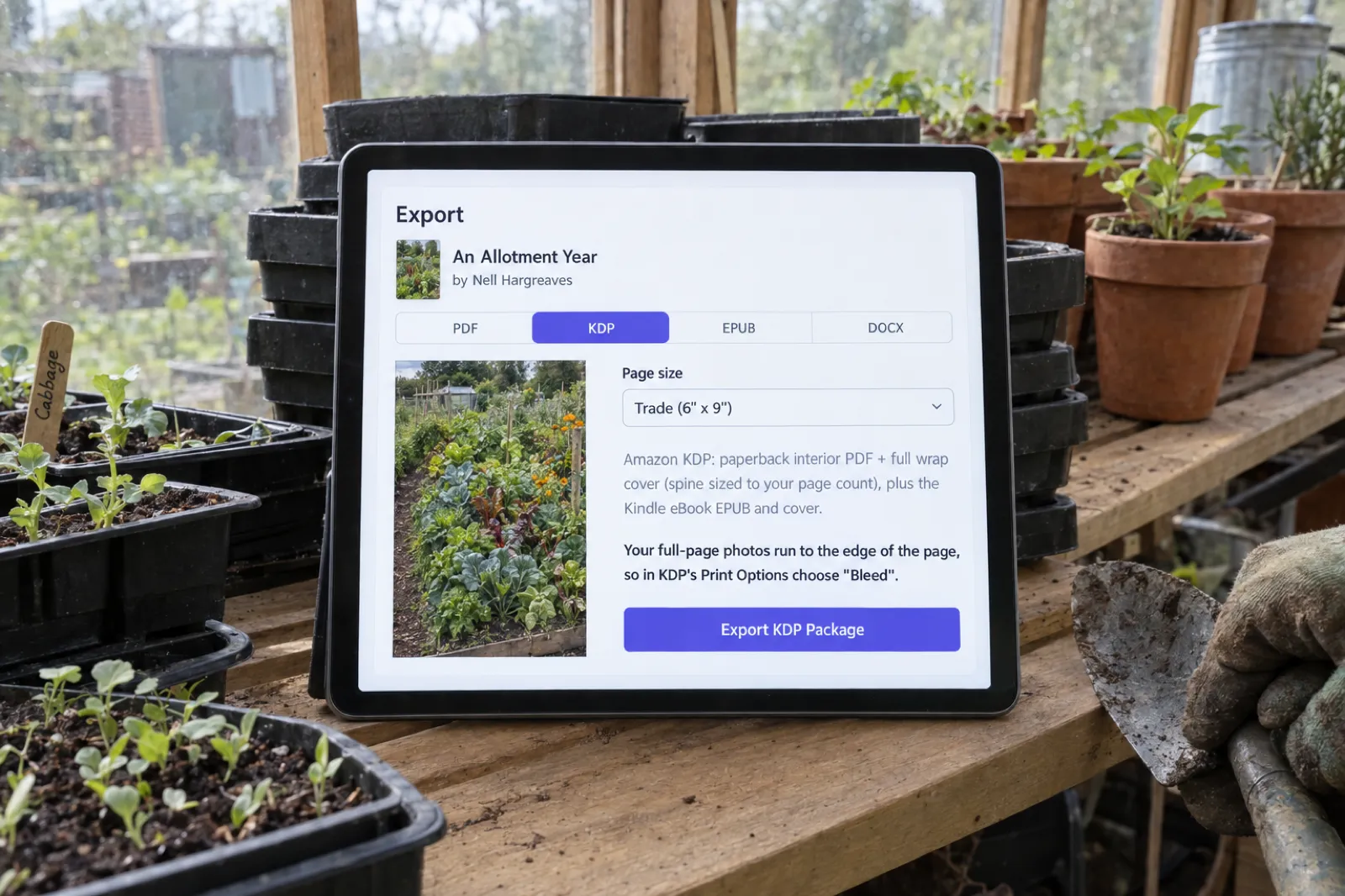 A tablet propped among seed trays in an allotment greenhouse shows the Inkfluence AI Export window for An Allotment Year by Nell Hargreaves, with the KDP tab selected and a note saying the full-page photos run to the edge of the page, so choose Bleed in KDP's Print Options