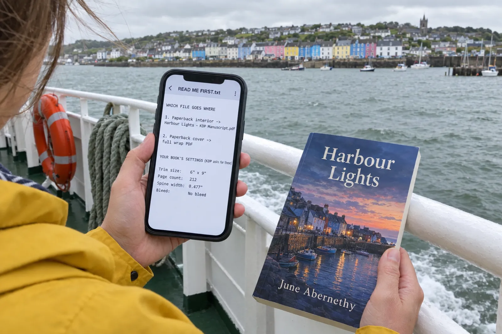On a ferry deck crossing a harbour, a woman holds a phone showing READ ME FIRST.txt with the paperback interior file name, trim size 6 x 9, page count 212, spine width 0.477 and Bleed: No bleed, and a paperback of Harbour Lights by June Abernethy