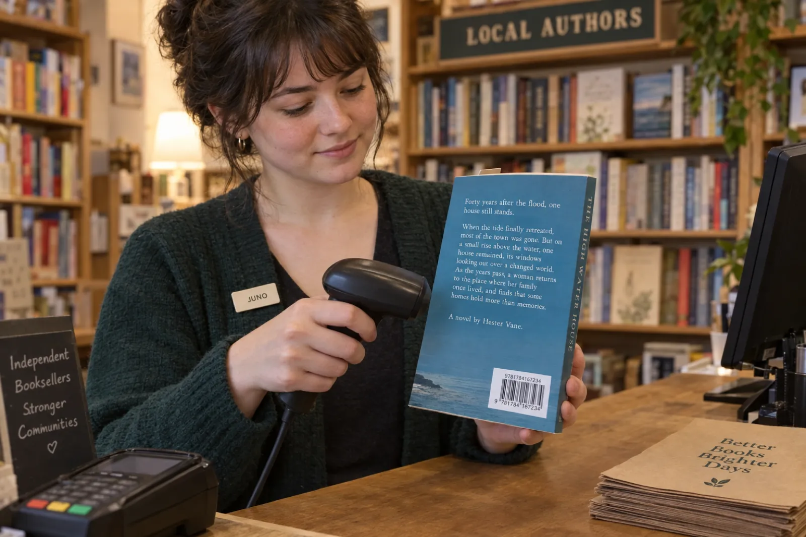 A bookseller named Juno scans the barcode on the back of The High Water House by Hester Vane at a bookshop till; the blurb stops well above the white barcode box in the lower right beside the spine
