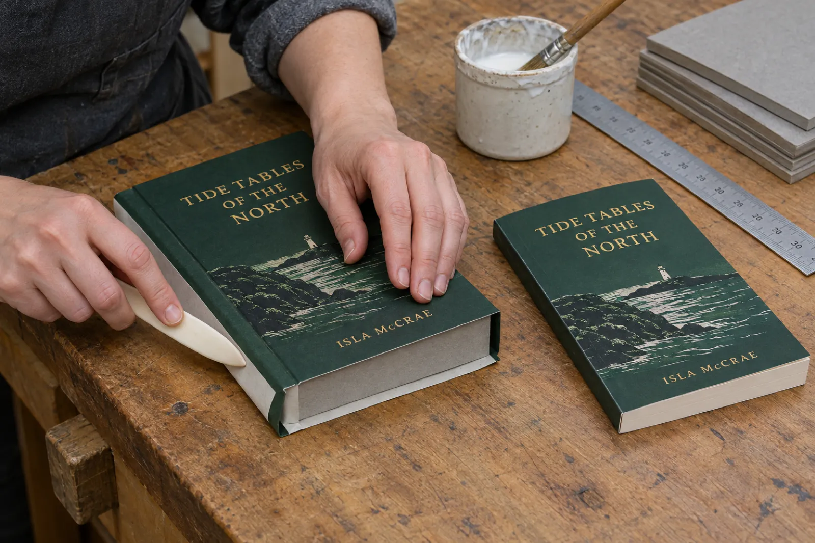 In a bookbinding workshop, hands turn the printed margin of a hardcover cover for Tide Tables of the North by Isla McCrae over the edge of a grey board, beside a finished paperback of the same book