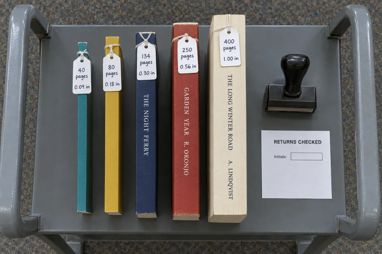 Overhead view of five paperbacks on a library returns trolley, thinnest to thickest, with string tags reading 40 pages 0.09 in, 80 pages 0.18 in, 134 pages 0.30 in, 250 pages 0.56 in and 400 pages 1.00 in; the two thinnest spines are blank