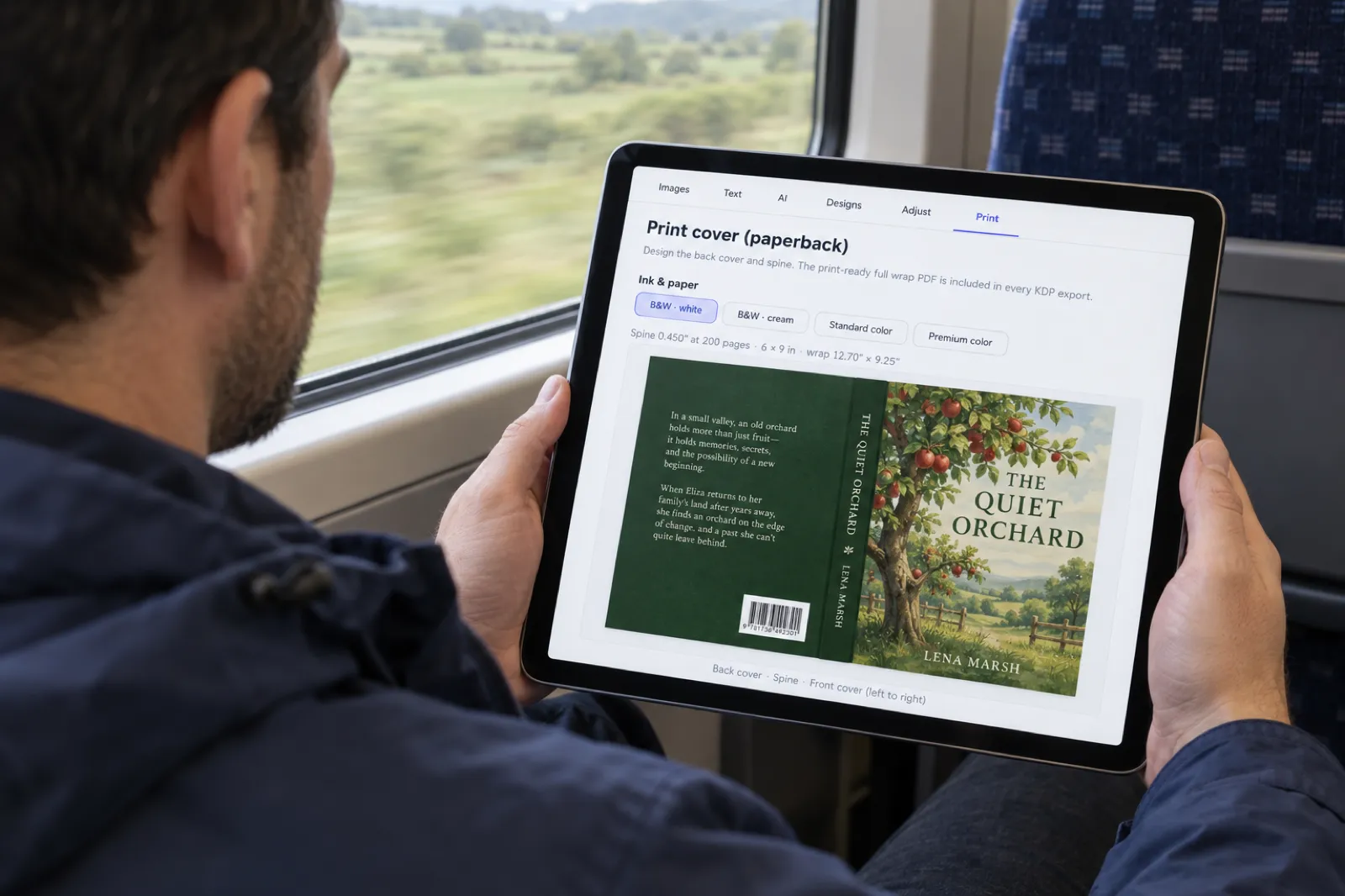 A man on a commuter train holds a tablet showing the Inkfluence AI cover designer Print tab, with ink and paper buttons, a spine and wrap size line, and a full-wrap preview of The Quiet Orchard by Lena Marsh