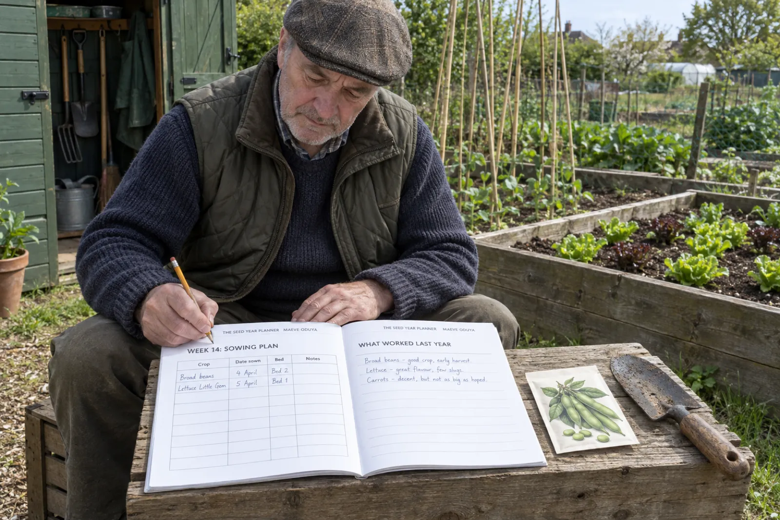 At a community garden allotment, an older man in a flat cap writes a sowing plan in pencil in an open 8.5 x 11 workbook, The Seed Year Planner by Maeve Oduya, lying flat on a wooden crate beside a seed packet and a trowel